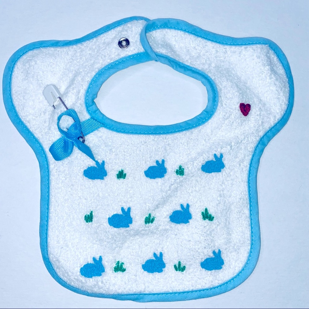Mother Maid vintage Bunny stamped cotton Baby bib blue